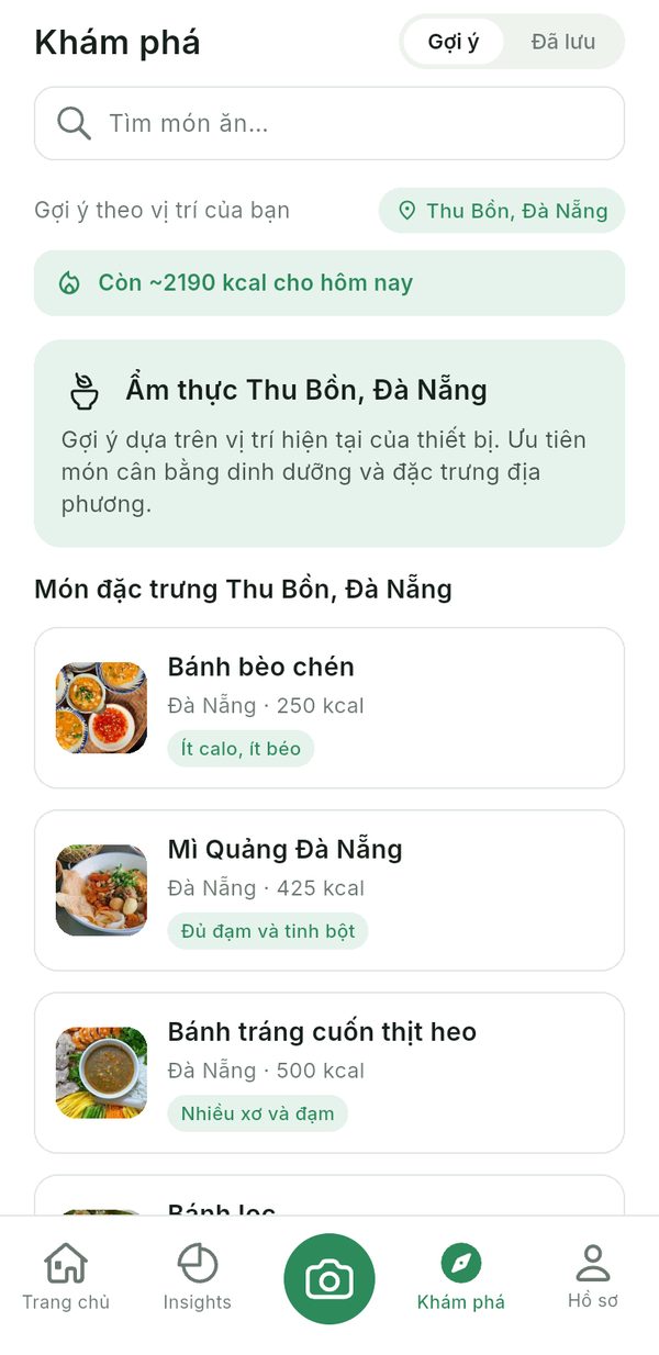 Discover tab: local dishes suggested for your area, with calories