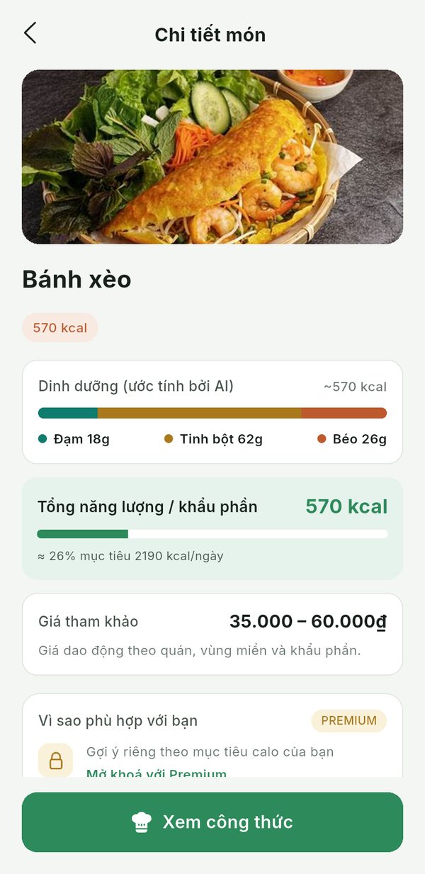 Dish details in Fiteath: bánh xèo, 570 kcal, with protein, carbs, fat and a typical price range