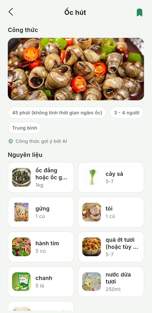 Recipe screen: cooking time, servings and ingredients